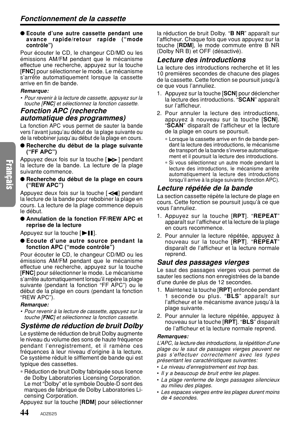 Système de réduction de bruit dolby, Fonctionnement de la cassette, Lecture des introductions | Lecture répétée de la bande, Saut des passages vierges | Clarion ADZ625 User Manual | Page 40 / 104