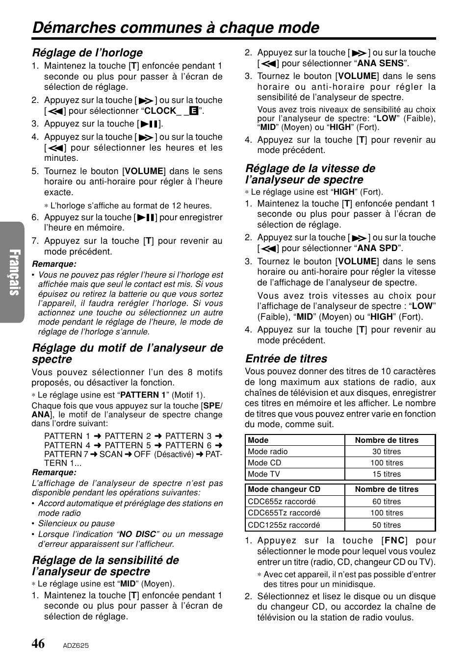 Démarches communes à chaque mode, Réglage de l’horloge, Réglage du motif de l’analyseur de spectre | Réglage de la vitesse de l’analyseur de spectre, Entrée de titres | Clarion ADZ625 User Manual | Page 42 / 104