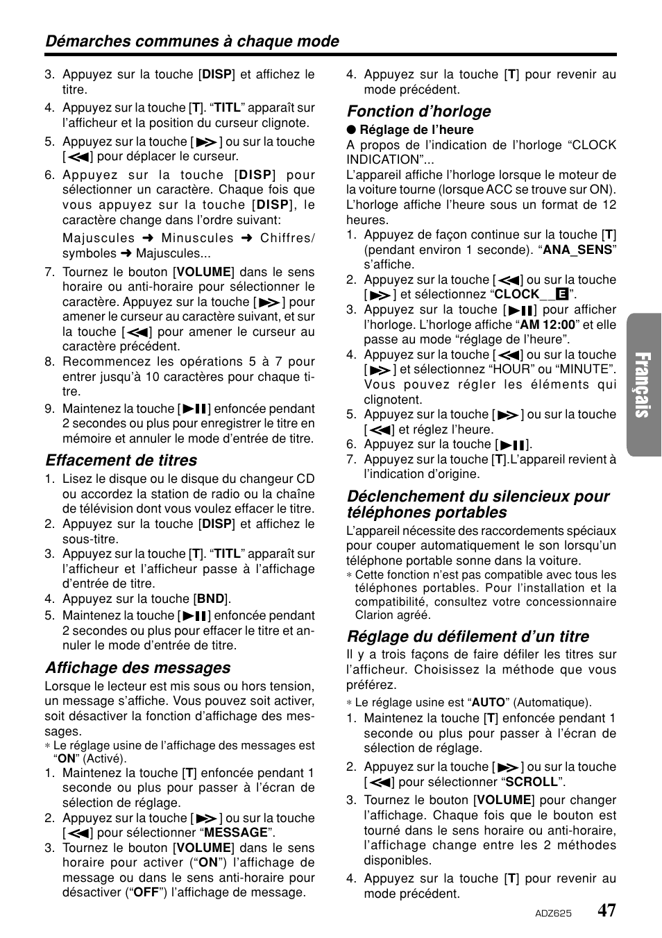 Démarches communes à chaque mode, Effacement de titres, Affichage des messages | Fonction d’horloge, Réglage du défilement d’un titre | Clarion ADZ625 User Manual | Page 43 / 104