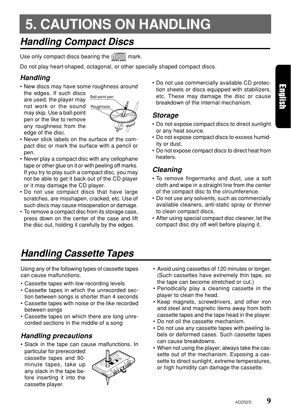 Cautions on handling, Handling cassette tapes handling compact discs, Handling | Handling precautions, Storage, Cleaning | Clarion ADZ625 User Manual | Page 5 / 104