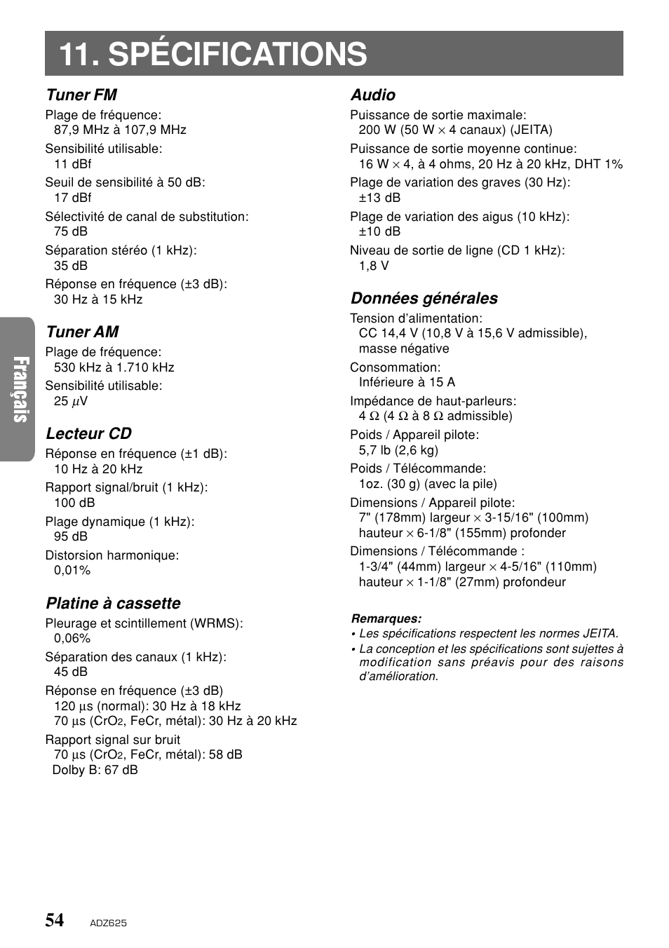 Spécifications, Tuner fm, Tuner am | Lecteur cd, Platine à cassette, Audio, Données générales | Clarion ADZ625 User Manual | Page 50 / 104