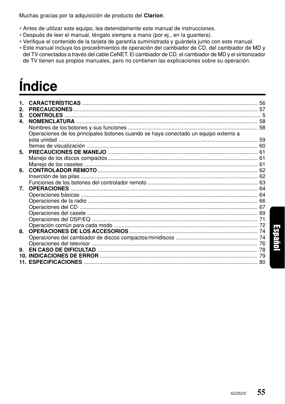 Índice | Clarion ADZ625 User Manual | Page 51 / 104