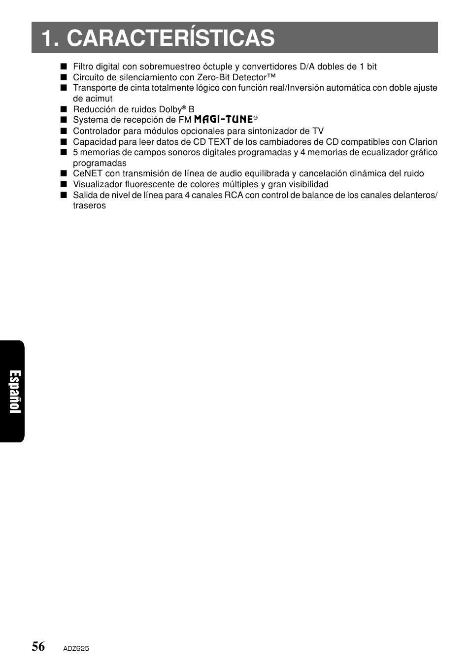 Características | Clarion ADZ625 User Manual | Page 52 / 104
