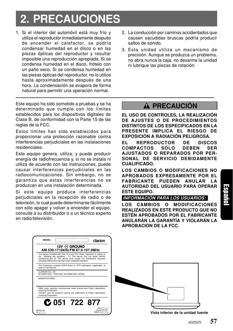 Precauciones, Precaución | Clarion ADZ625 User Manual | Page 53 / 104