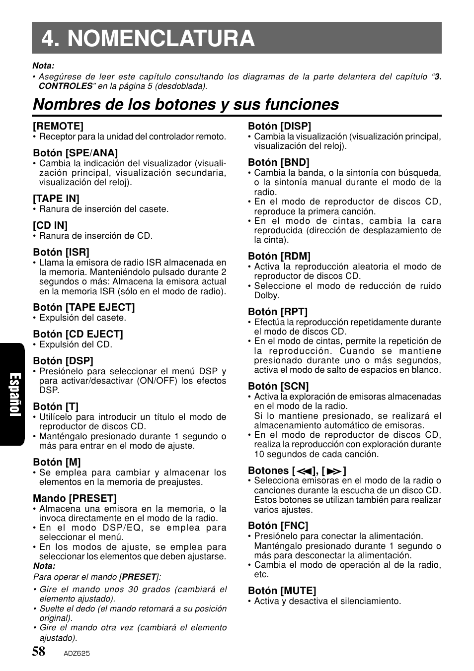 Nomenclatura, Nombres de los botones y sus funciones | Clarion ADZ625 User Manual | Page 54 / 104