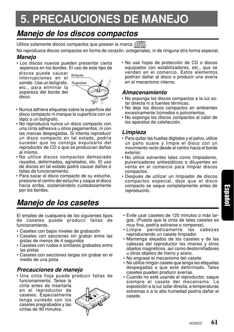 Manejo de los discos compactos, Manejo de los casetes, Manejo | Almacenamiento, Limpieza, Precauciones de manejo | Clarion ADZ625 User Manual | Page 57 / 104