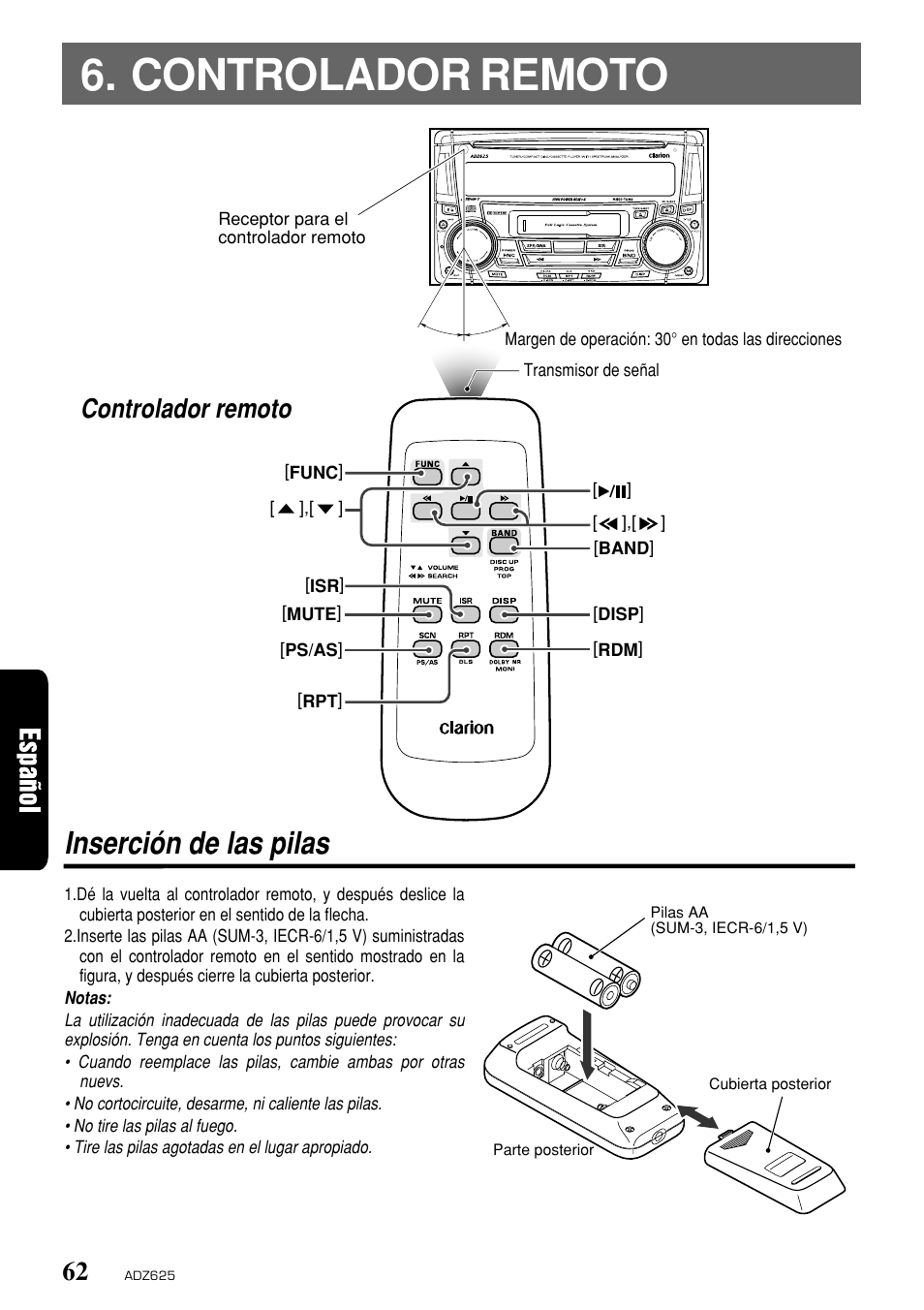 Controlador remoto, Inserción de las pilas | Clarion ADZ625 User Manual | Page 58 / 104
