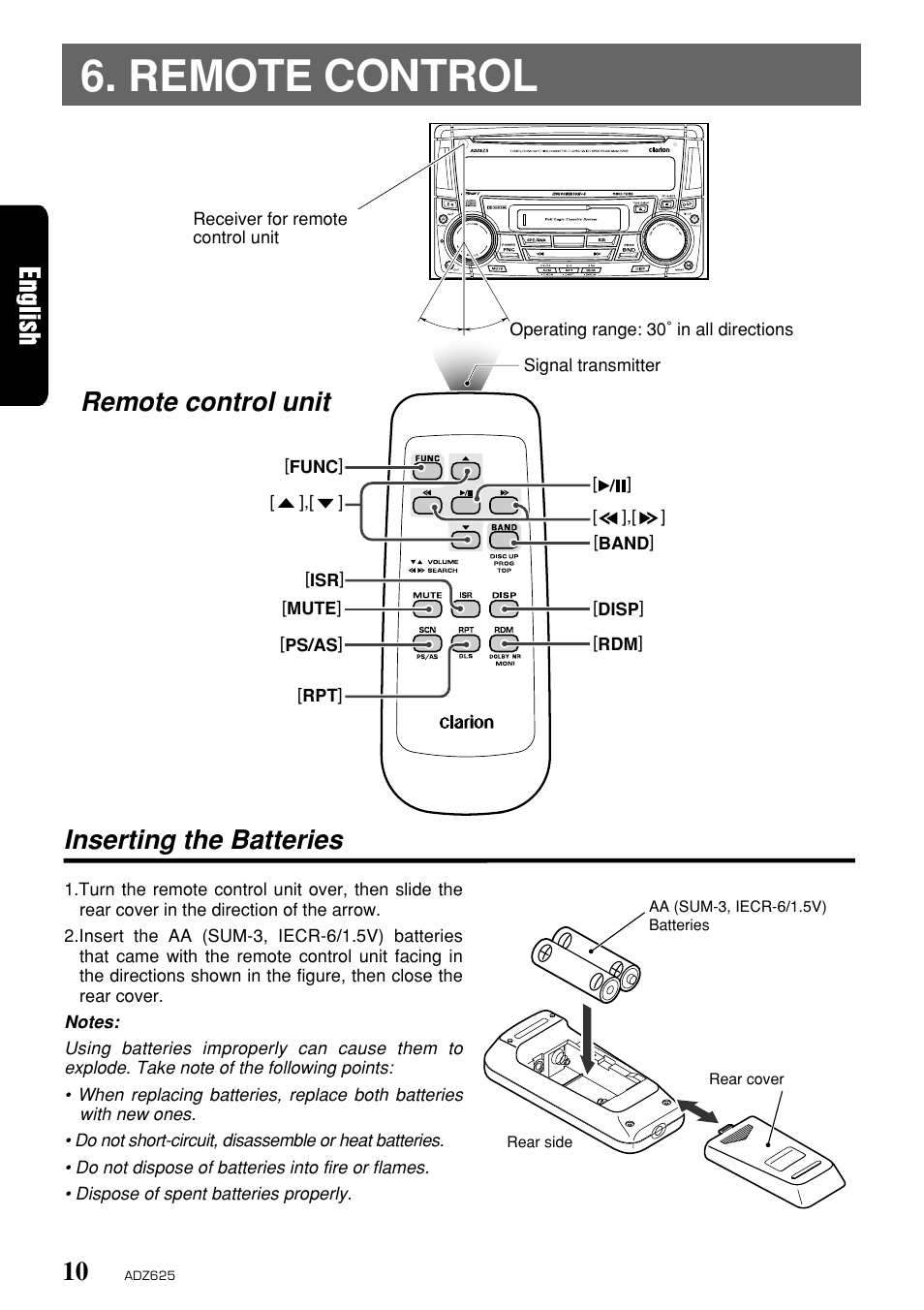 Remote control inserting the batteries, Remote control, Remote control unit inserting the batteries | Clarion ADZ625 User Manual | Page 6 / 104