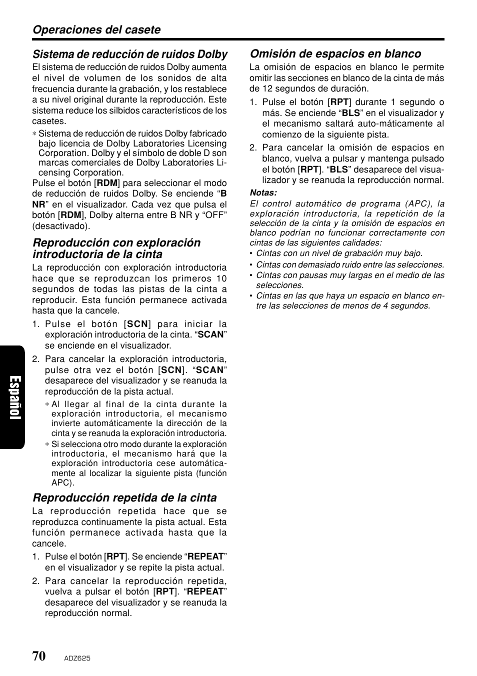 Reproducción repetida de la cinta, Omisión de espacios en blanco | Clarion ADZ625 User Manual | Page 66 / 104