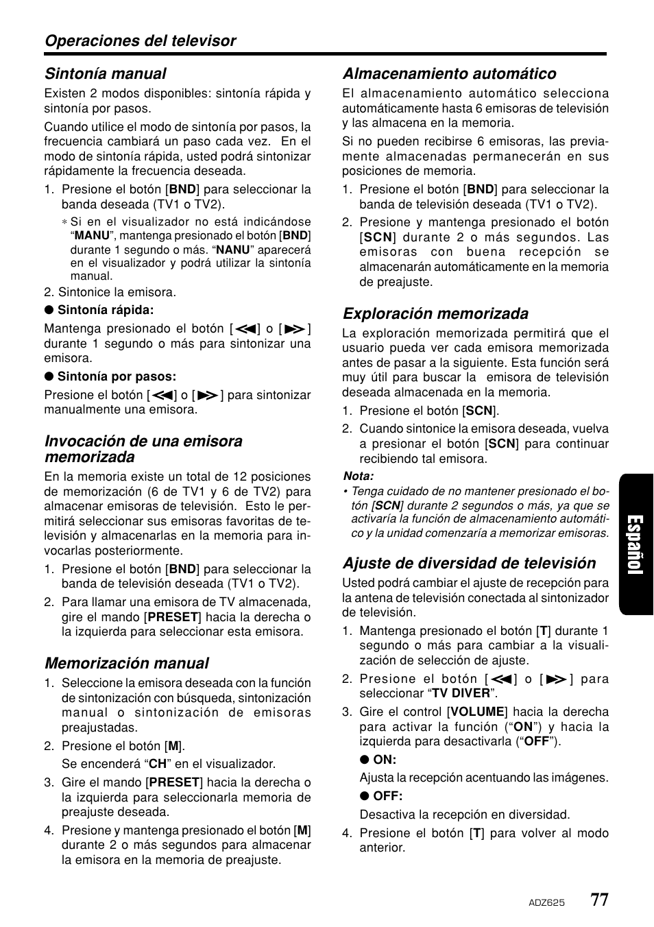 Almacenamiento automático, Ajuste de diversidad de televisión, Operaciones del televisor sintonía manual | Clarion ADZ625 User Manual | Page 73 / 104