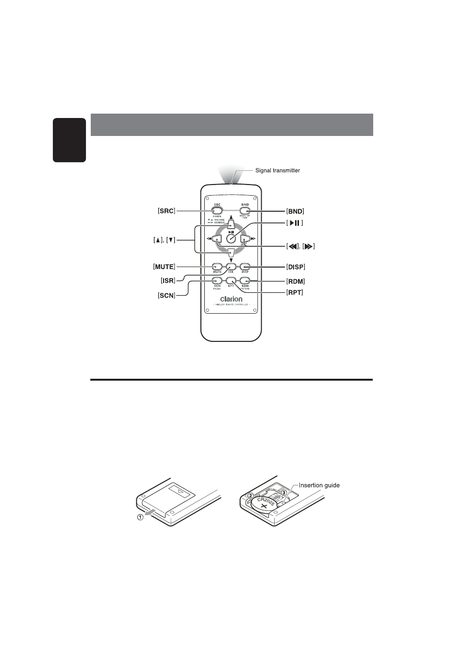 Remote control, Inserting the battery, 8english | Clarion DB256 User Manual | Page 6 / 14