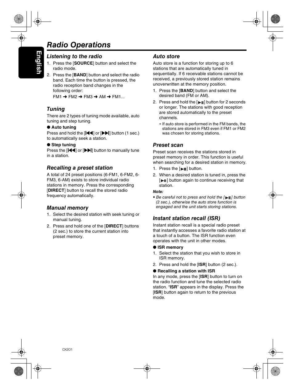 Radio operations, Englis h 12 | Clarion CX201 User Manual | Page 12 / 33