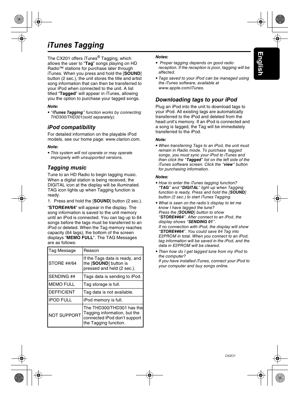 Itunes tagging, Englis h 17 | Clarion CX201 User Manual | Page 17 / 33