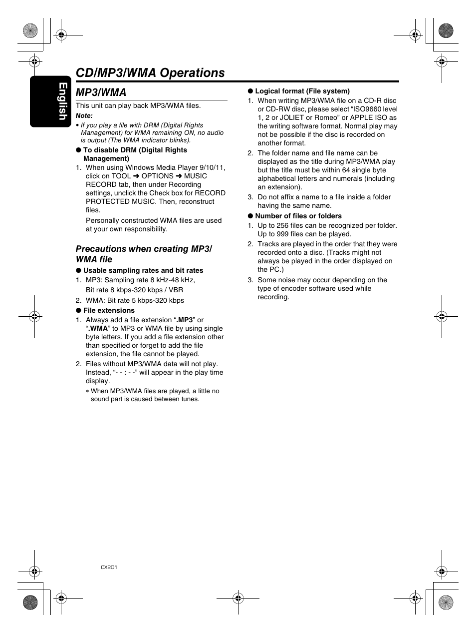 Cd/mp3/wma operations, Englis h 18, Mp3/wma | Clarion CX201 User Manual | Page 18 / 33