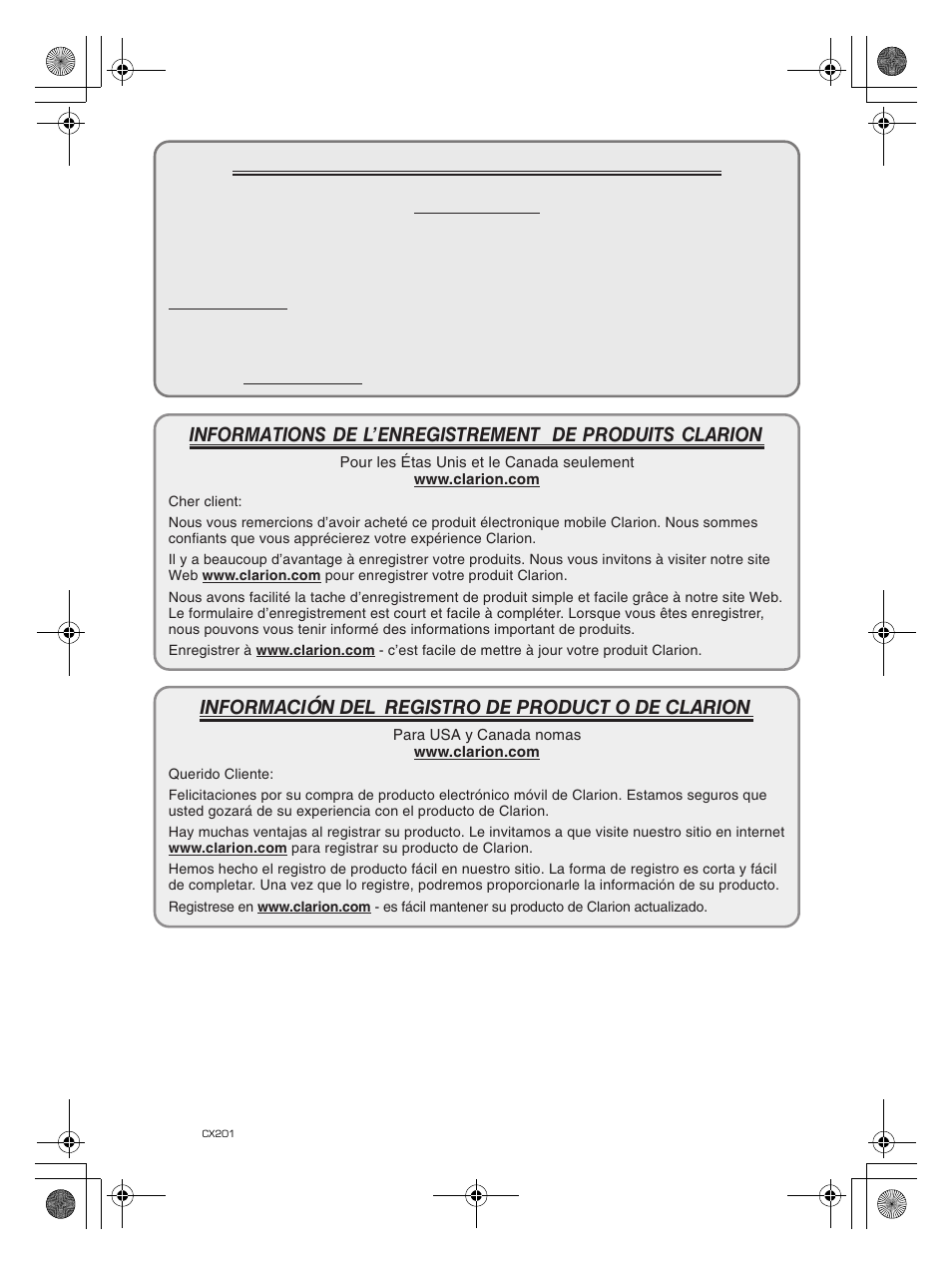 Clarion product registration information, Información del registro de product o de clarion | Clarion CX201 User Manual | Page 2 / 33