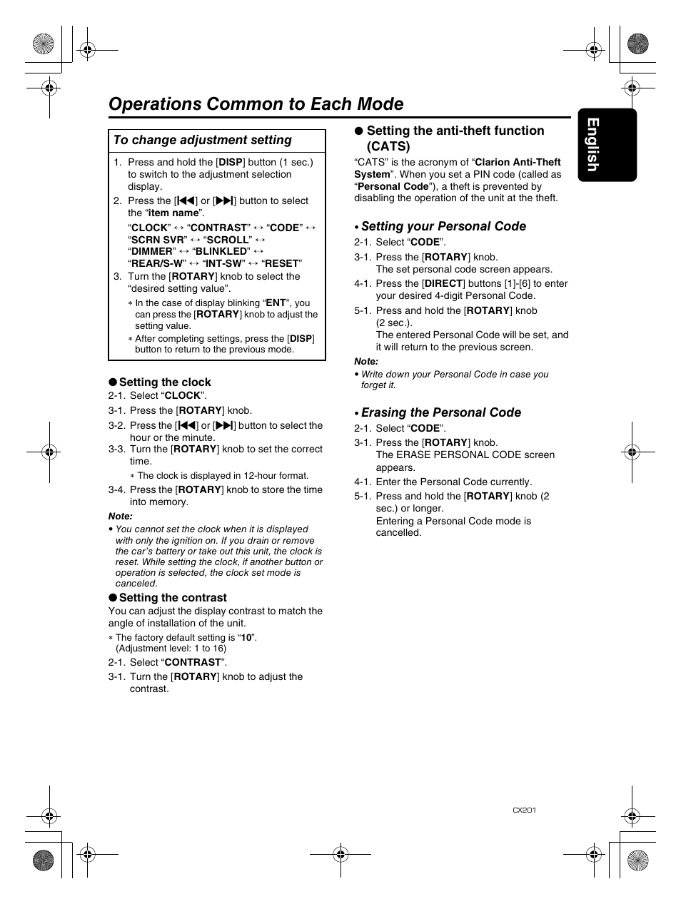 Operations common to each mode, Englis h 21 | Clarion CX201 User Manual | Page 21 / 33