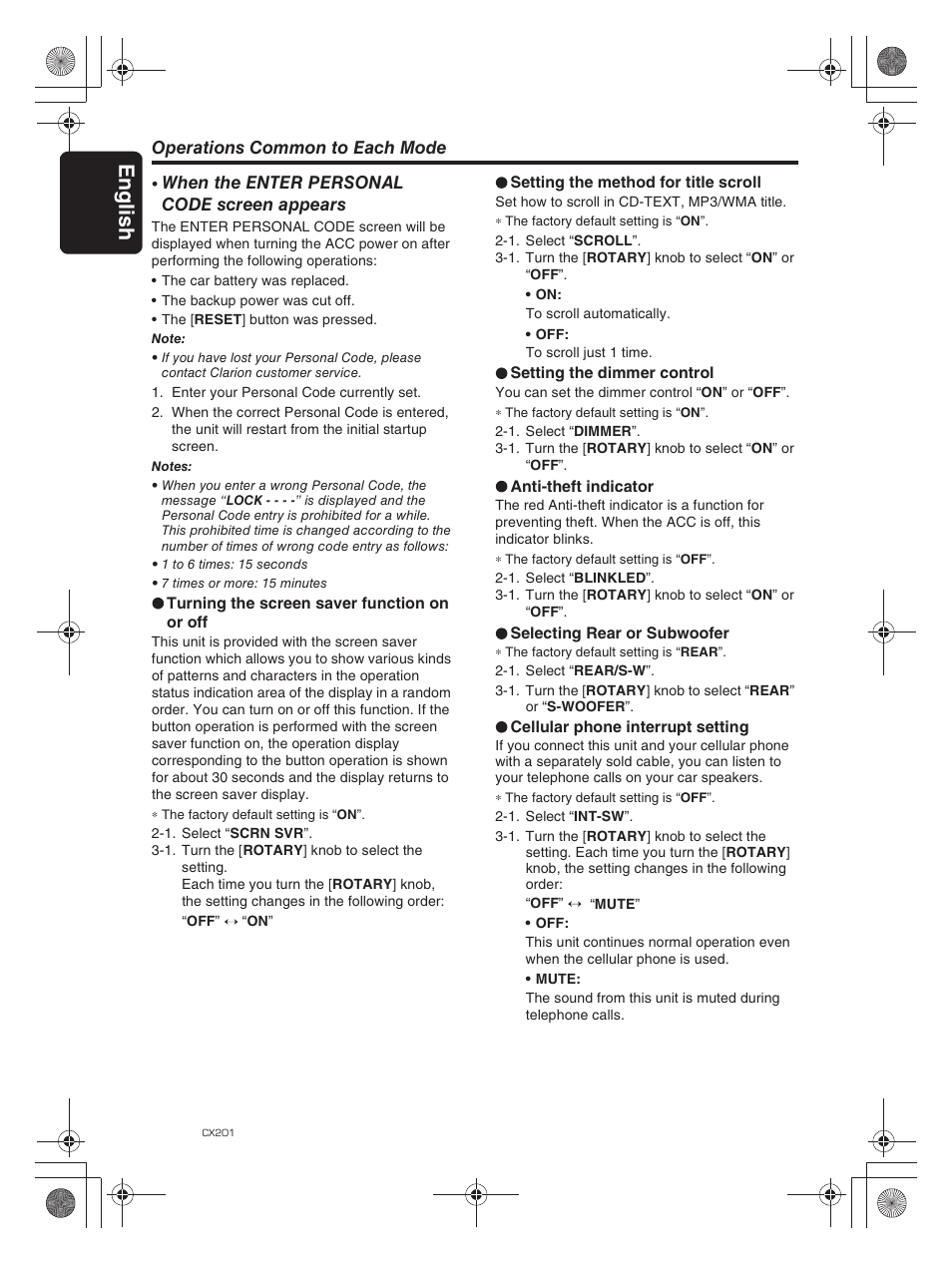 Englis h 22 | Clarion CX201 User Manual | Page 22 / 33