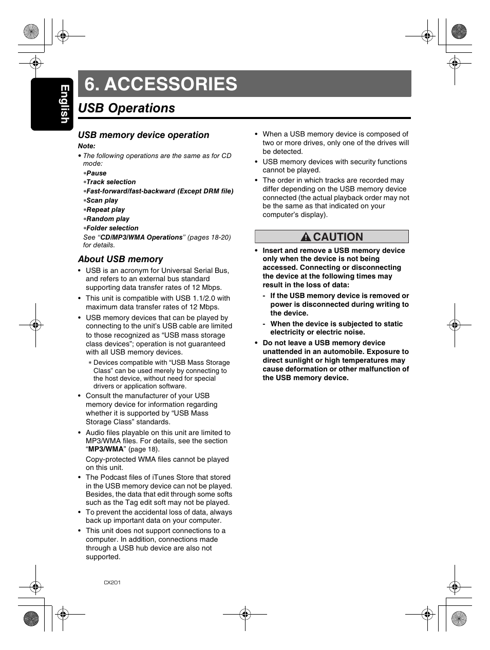 Accessories, Usb operations, Englis h 24 | Caution | Clarion CX201 User Manual | Page 24 / 33