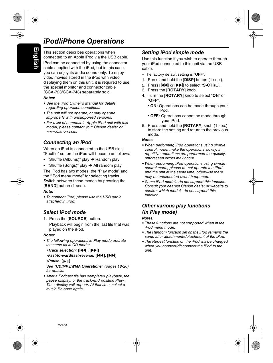 Ipod/iphone operations, Englis h 26 | Clarion CX201 User Manual | Page 26 / 33