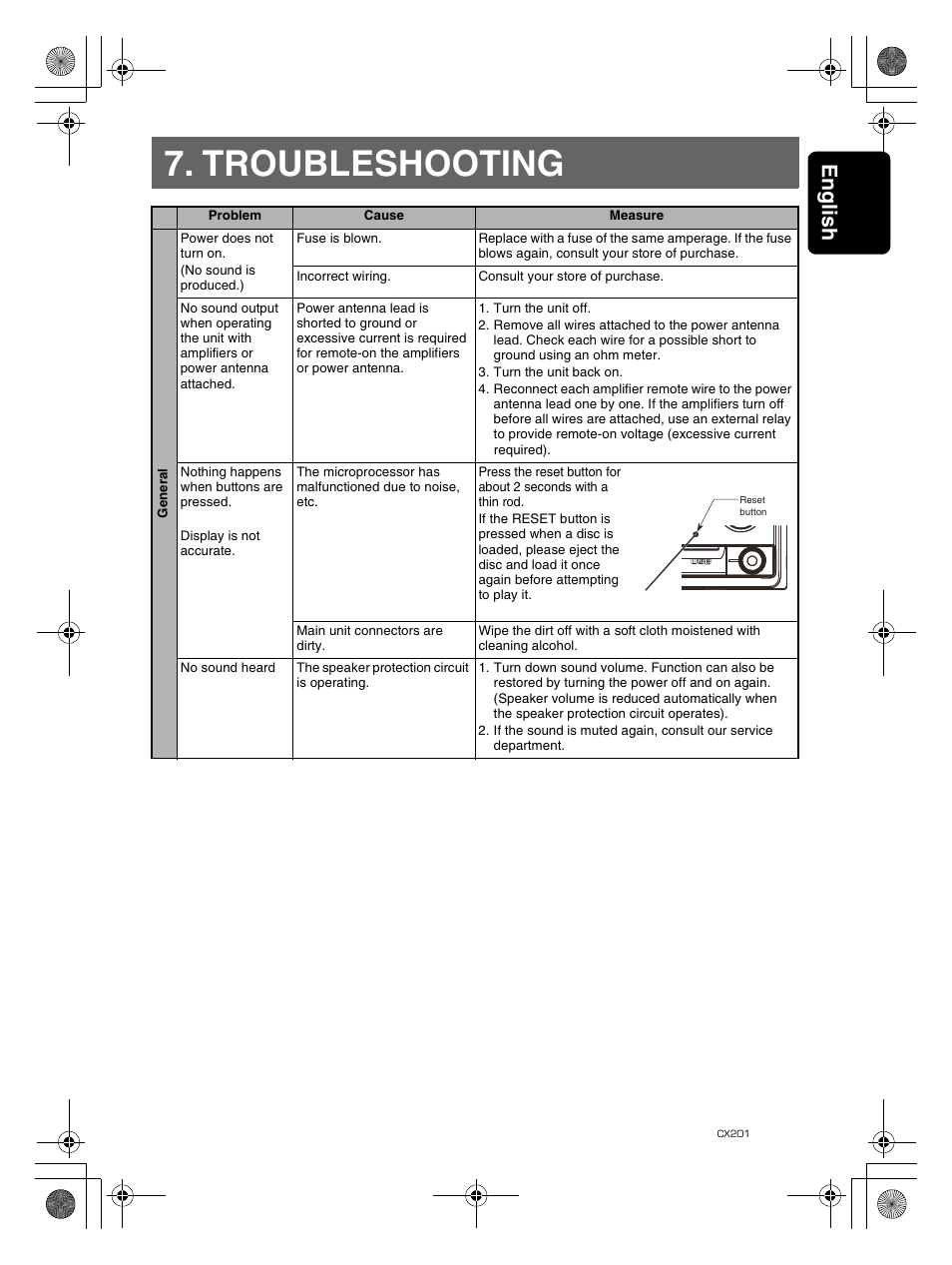 Troubleshooting, Englis h 29 | Clarion CX201 User Manual | Page 29 / 33
