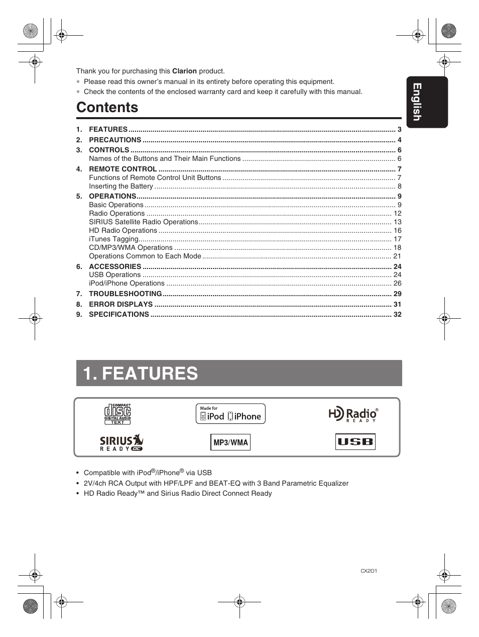 Clarion CX201 User Manual | Page 3 / 33