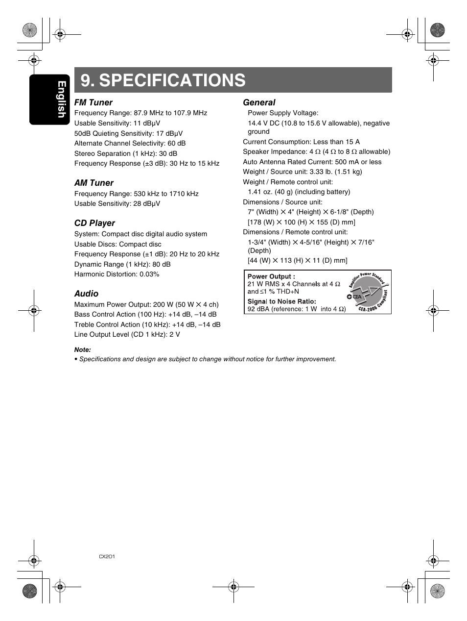 Specifications, Englis h 32 | Clarion CX201 User Manual | Page 32 / 33