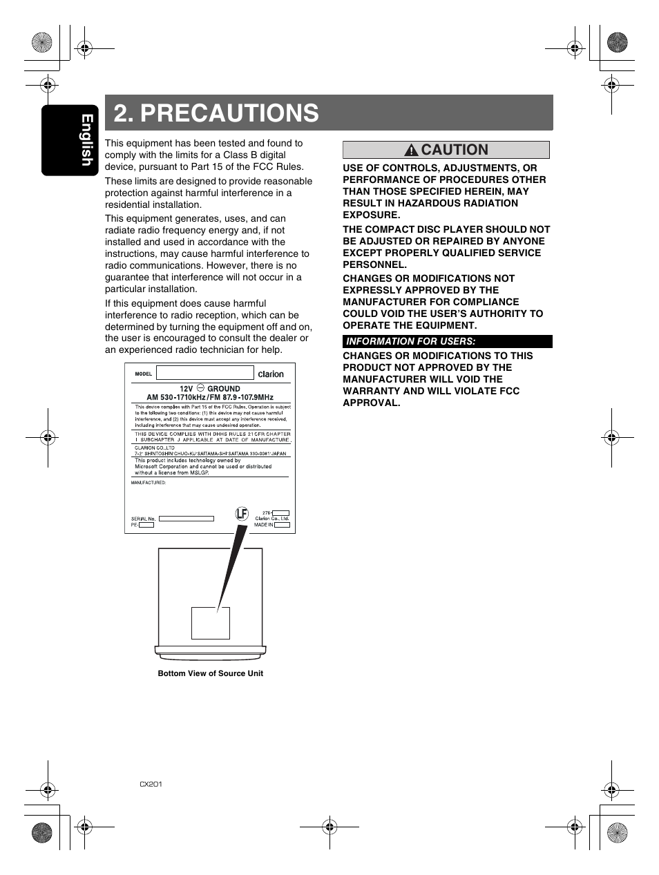 Precautions, Englis h 4, Caution | Clarion CX201 User Manual | Page 4 / 33