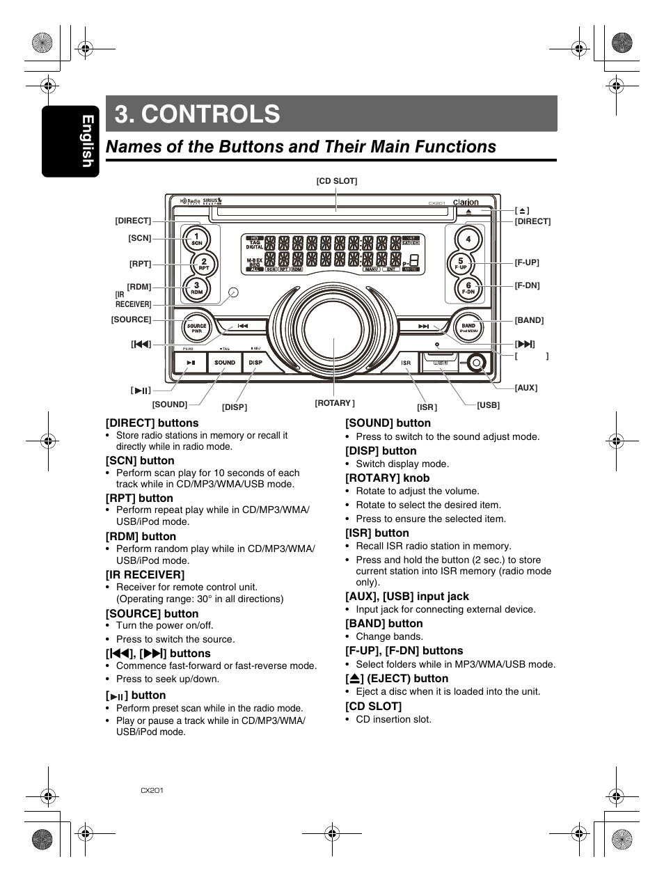 Controls, Names of the buttons and their main functions, Englis h 6 | Clarion CX201 User Manual | Page 6 / 33