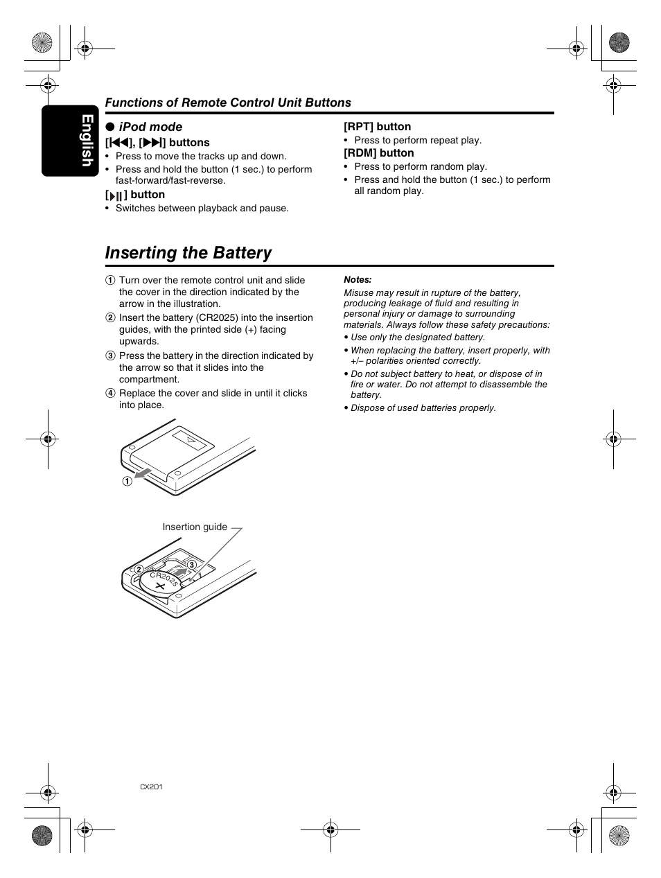 Inserting the battery, Englis h 8 | Clarion CX201 User Manual | Page 8 / 33