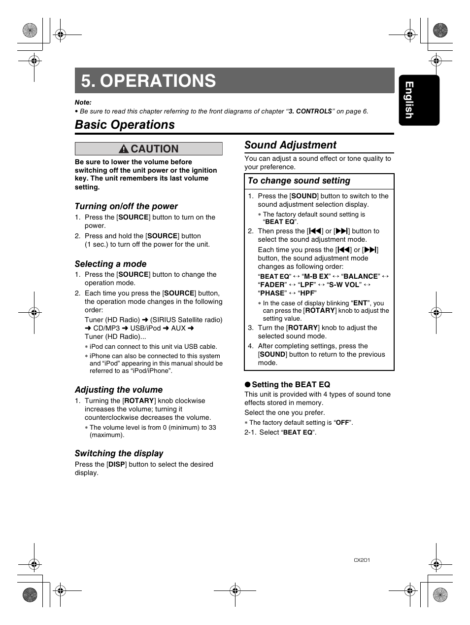 Operations, Basic operations, Englis h 9 | Caution, Sound adjustment | Clarion CX201 User Manual | Page 9 / 33