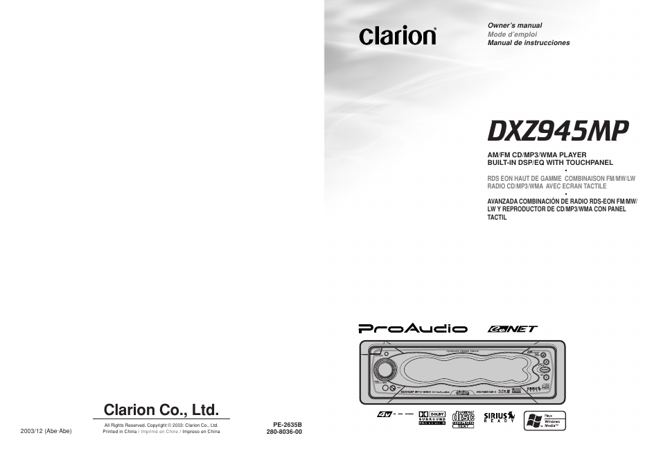 Clarion DXZ945MP User Manual | 59 pages
