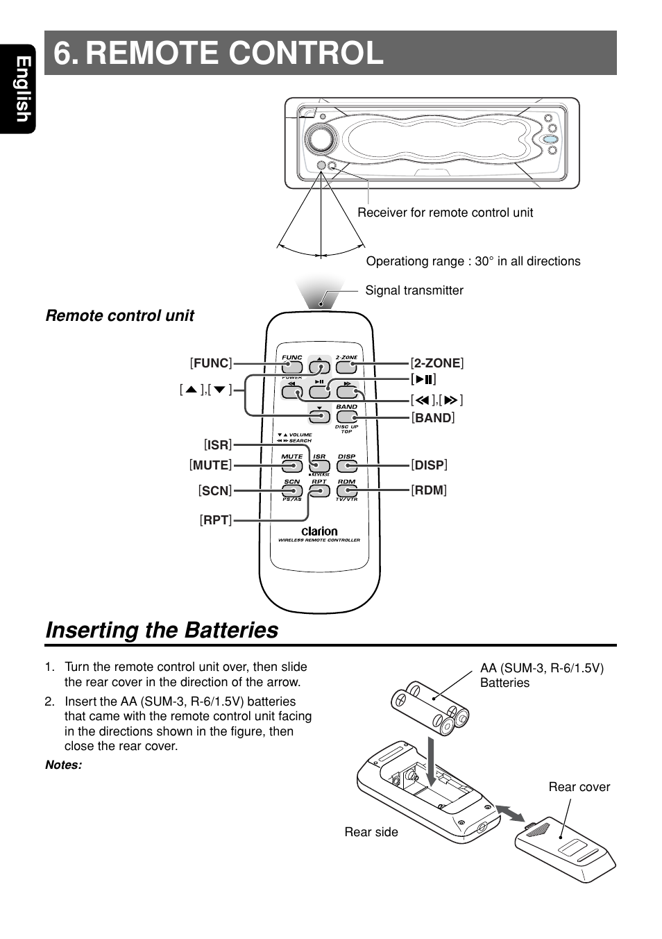 Remote control, Inserting the batteries, English | Remote control unit | Clarion DXZ945MP User Manual | Page 10 / 59