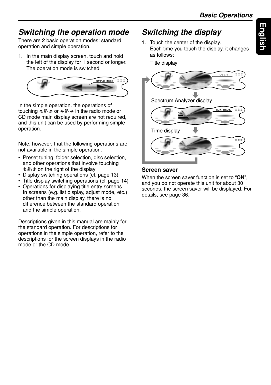 13 english switching the operation mode, Switching the display, Basic operations | Screen saver | Clarion DXZ945MP User Manual | Page 13 / 59