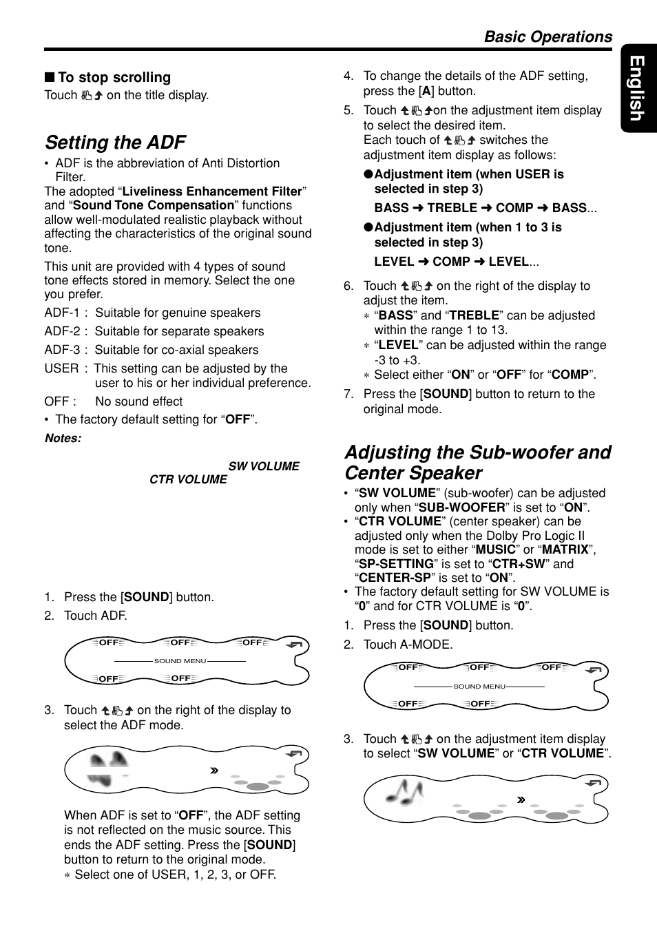 15 english, Setting the adf, Adjusting the sub-woofer and center speaker | Basic operations | Clarion DXZ945MP User Manual | Page 15 / 59