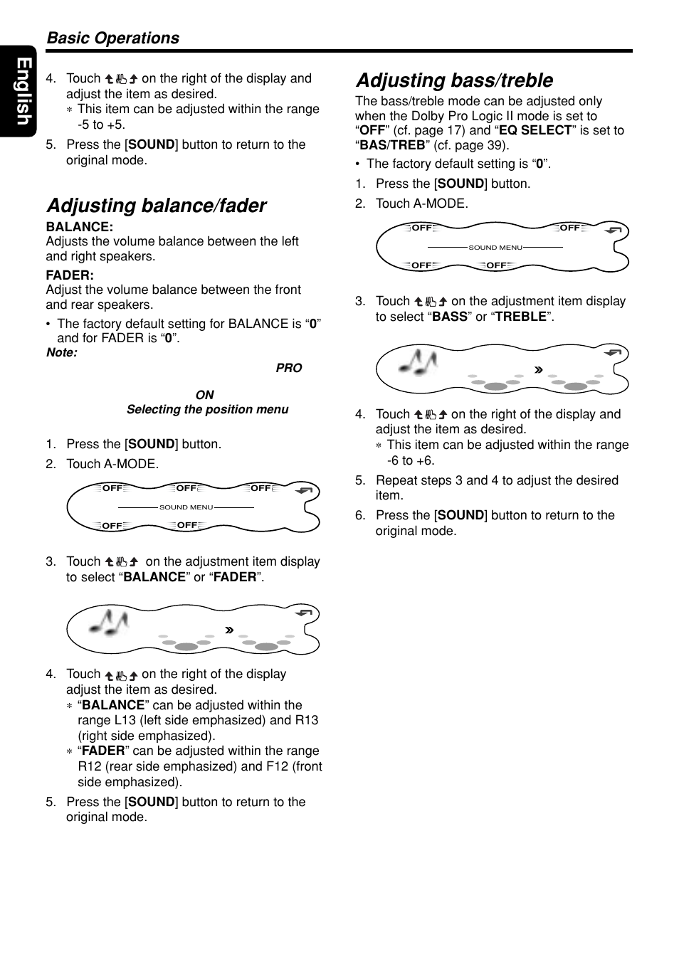 English, Adjusting balance/fader, Adjusting bass/treble | Basic operations | Clarion DXZ945MP User Manual | Page 16 / 59