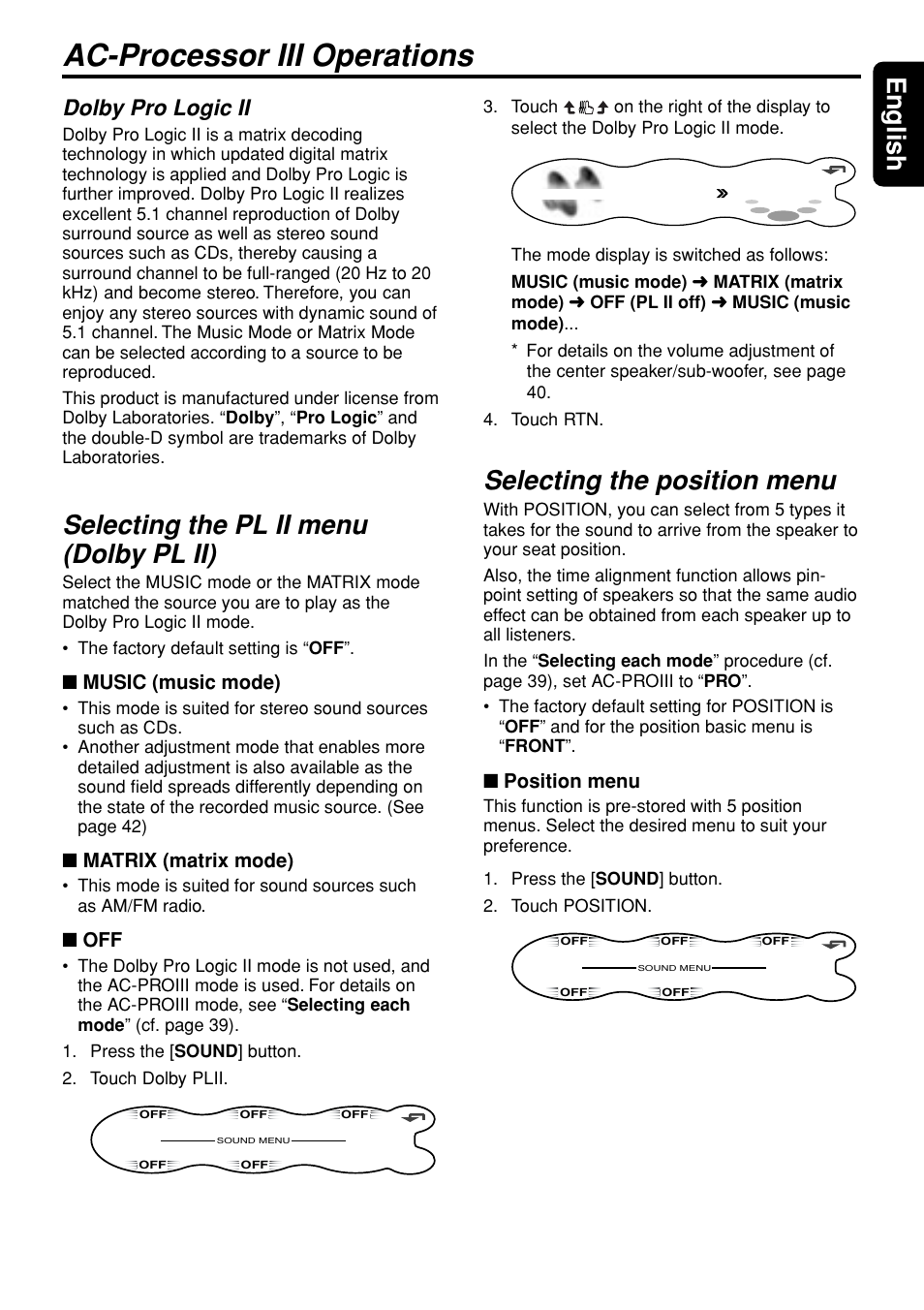 Ac-processor iii operations, 17 english, Selecting the pl ii menu (dolby pl ii) | Selecting the position menu, Dolby pro logic ii | Clarion DXZ945MP User Manual | Page 17 / 59