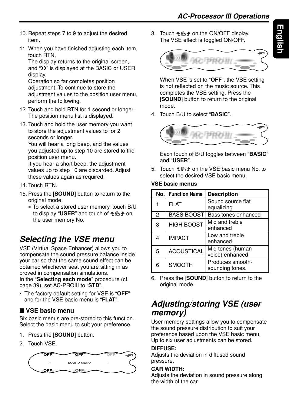 19 english, Selecting the vse menu, Ac-processor iii operations | Vse basic menu | Clarion DXZ945MP User Manual | Page 19 / 59