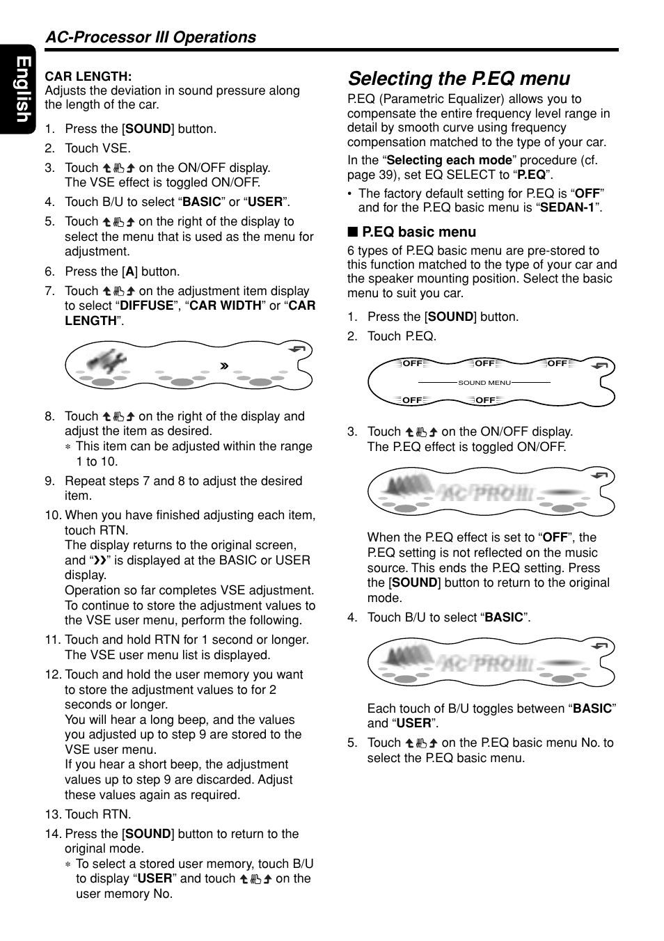 English, Selecting the p.eq menu, Ac-processor iii operations | P.eq basic menu | Clarion DXZ945MP User Manual | Page 20 / 59