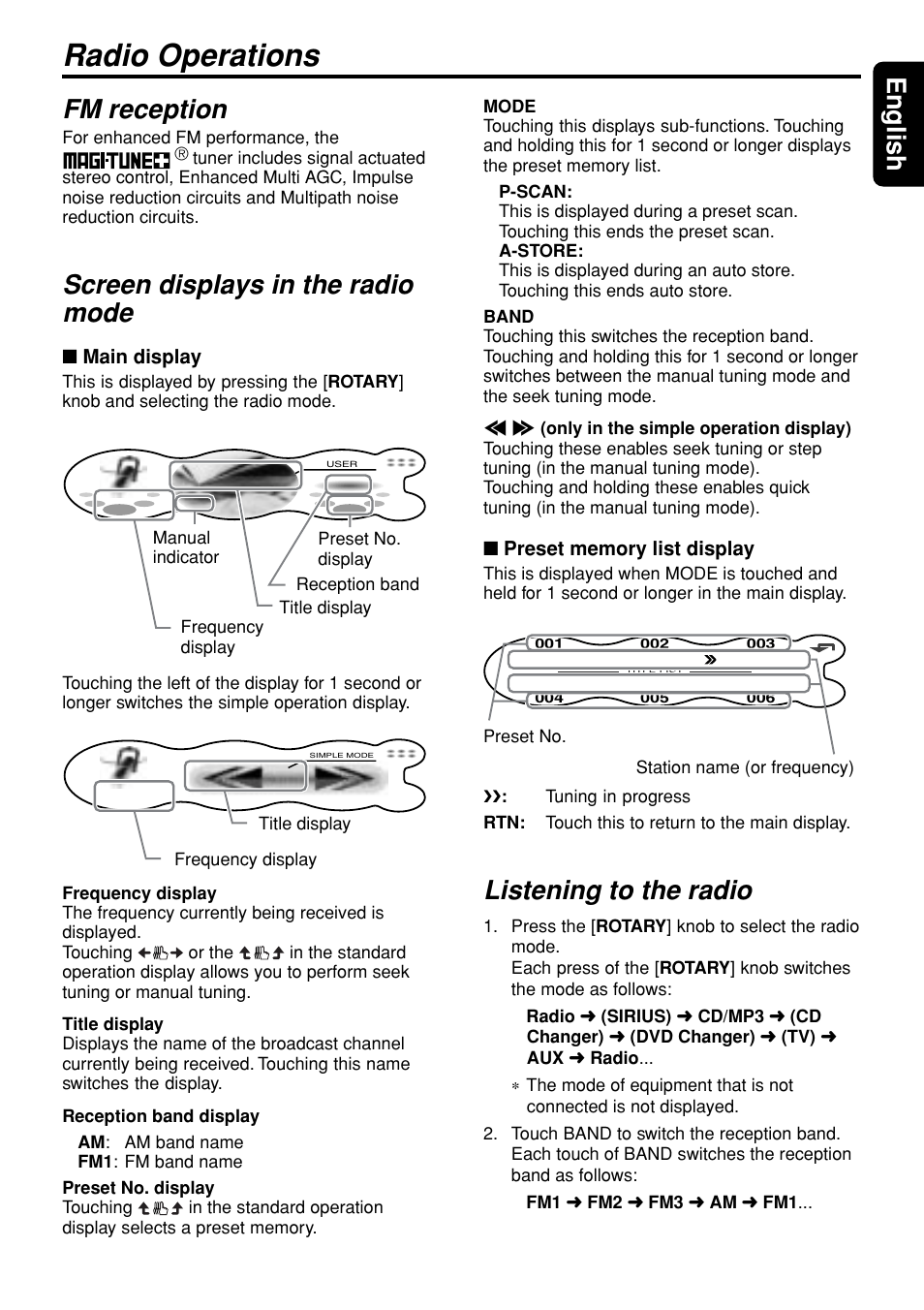 Radio operations, 23 english, Fm reception | Screen displays in the radio mode, Listening to the radio | Clarion DXZ945MP User Manual | Page 23 / 59