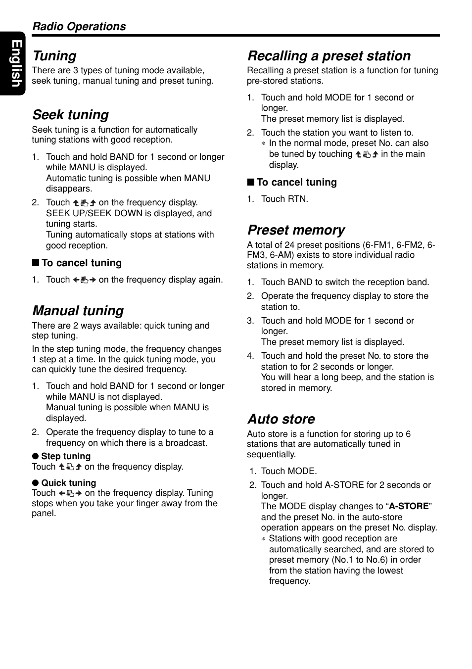 English tuning, Seek tuning, Manual tuning | Recalling a preset station, Auto store, Radio operations | Clarion DXZ945MP User Manual | Page 24 / 59