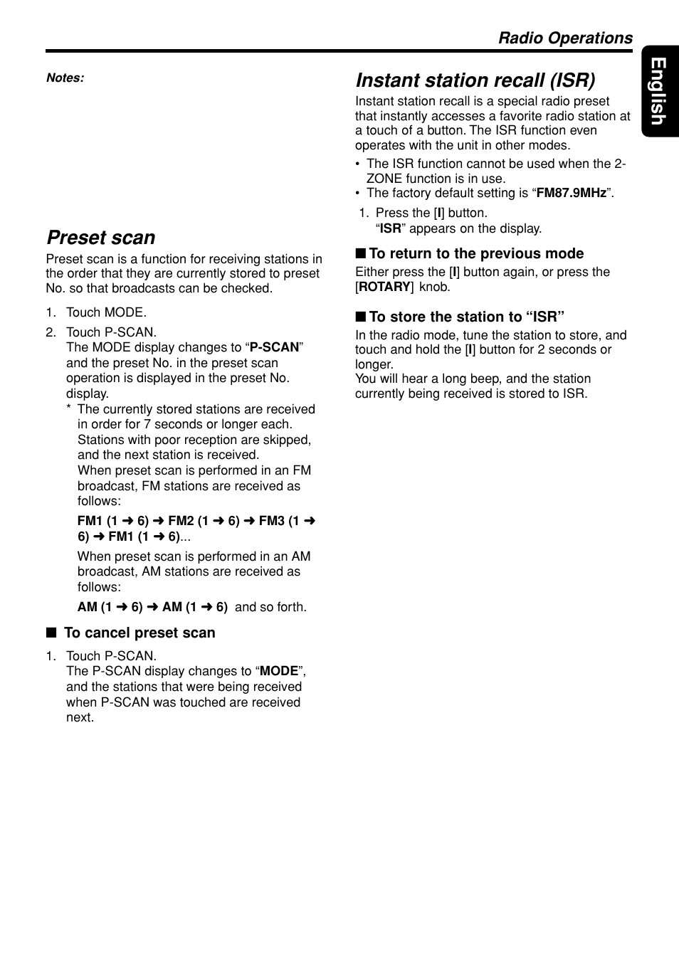 25 english, Preset scan, Instant station recall (isr) | Radio operations | Clarion DXZ945MP User Manual | Page 25 / 59