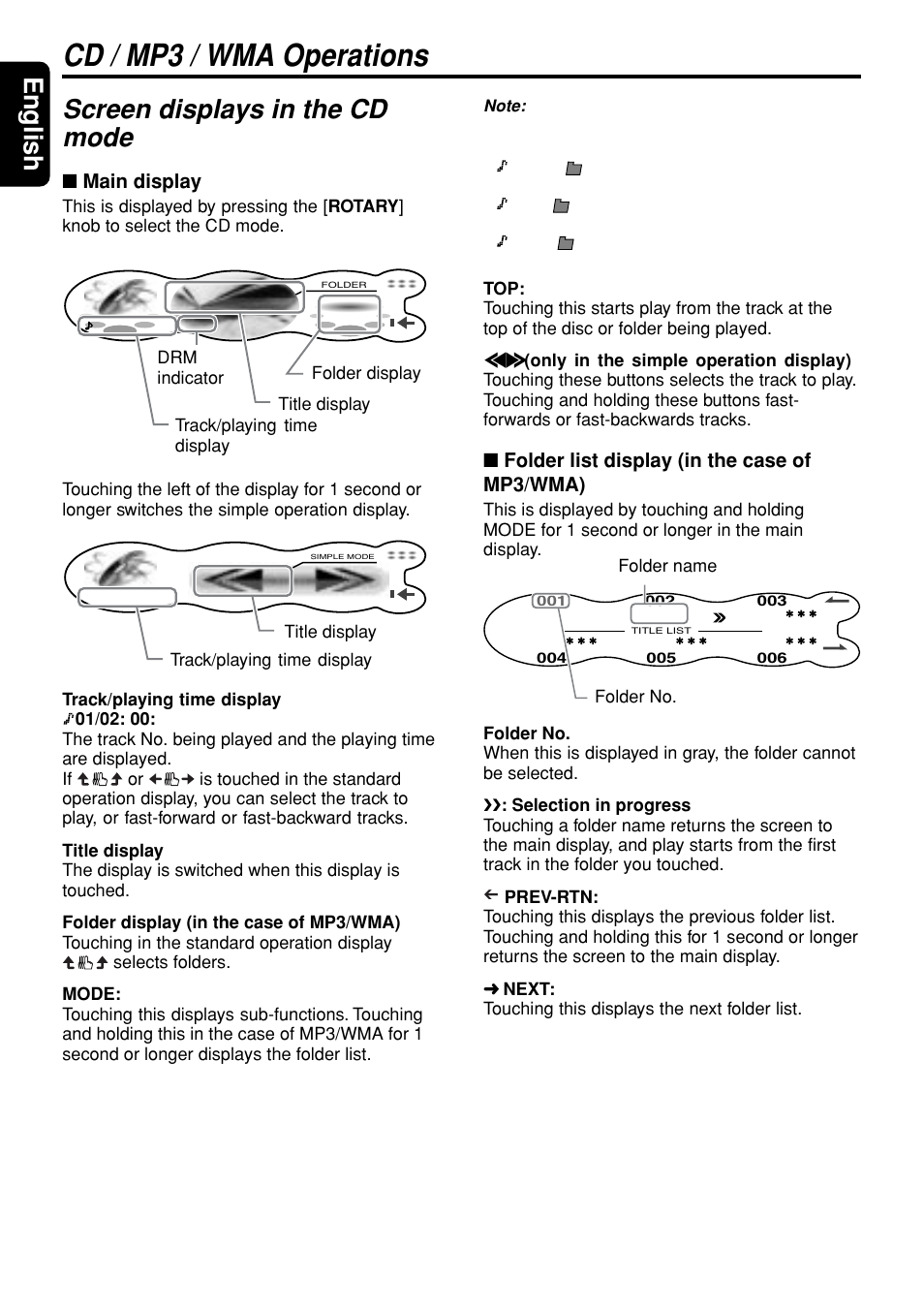 Cd / mp3 / wma operations, English, Screen displays in the cd mode | Main display, Folder list display (in the case of mp3/wma) | Clarion DXZ945MP User Manual | Page 26 / 59