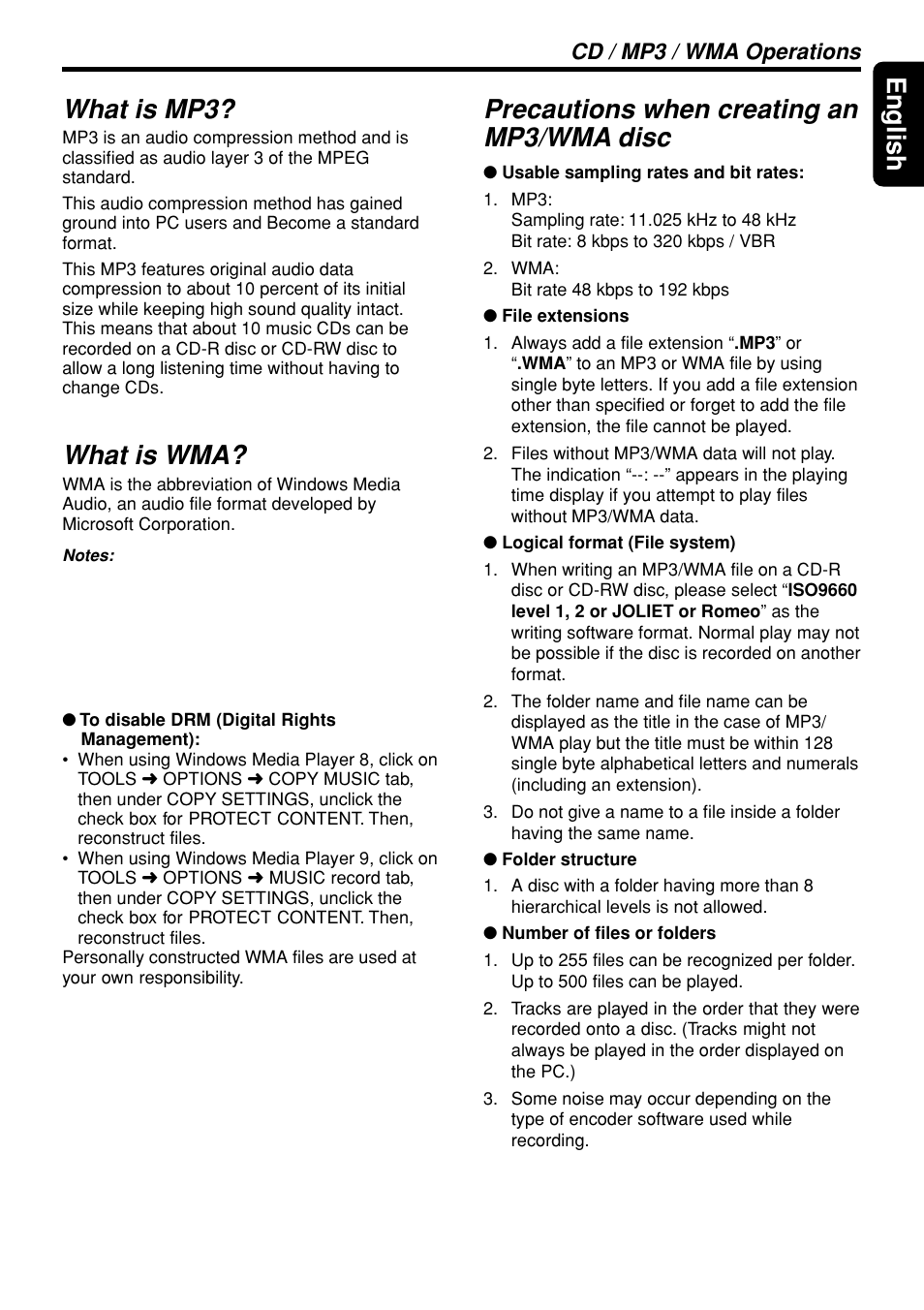 27 english, What is mp3, What is wma | Precautions when creating an mp3/wma disc, Cd / mp3 / wma operations | Clarion DXZ945MP User Manual | Page 27 / 59