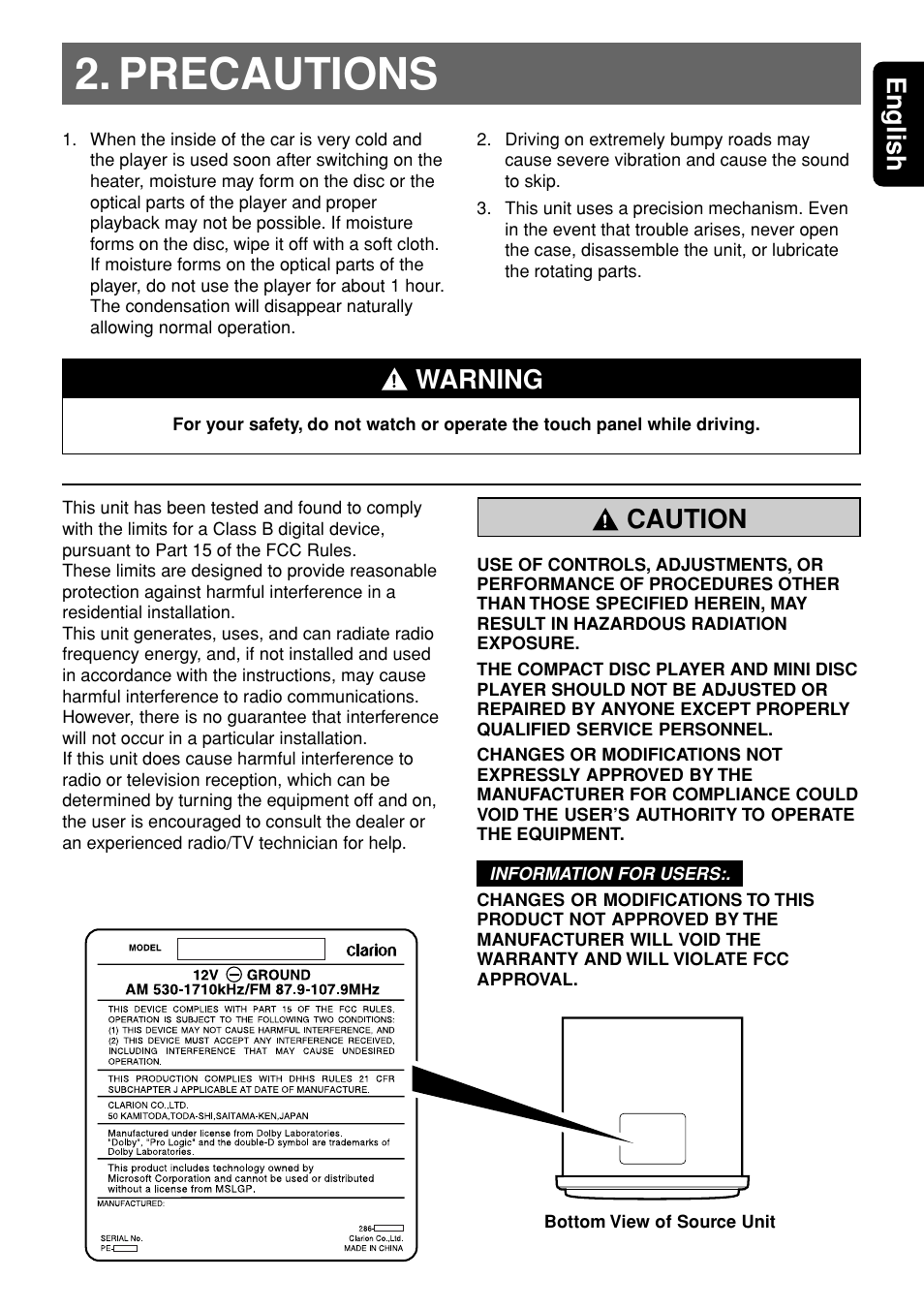 Precautions, 3english, Warning | Caution | Clarion DXZ945MP User Manual | Page 3 / 59