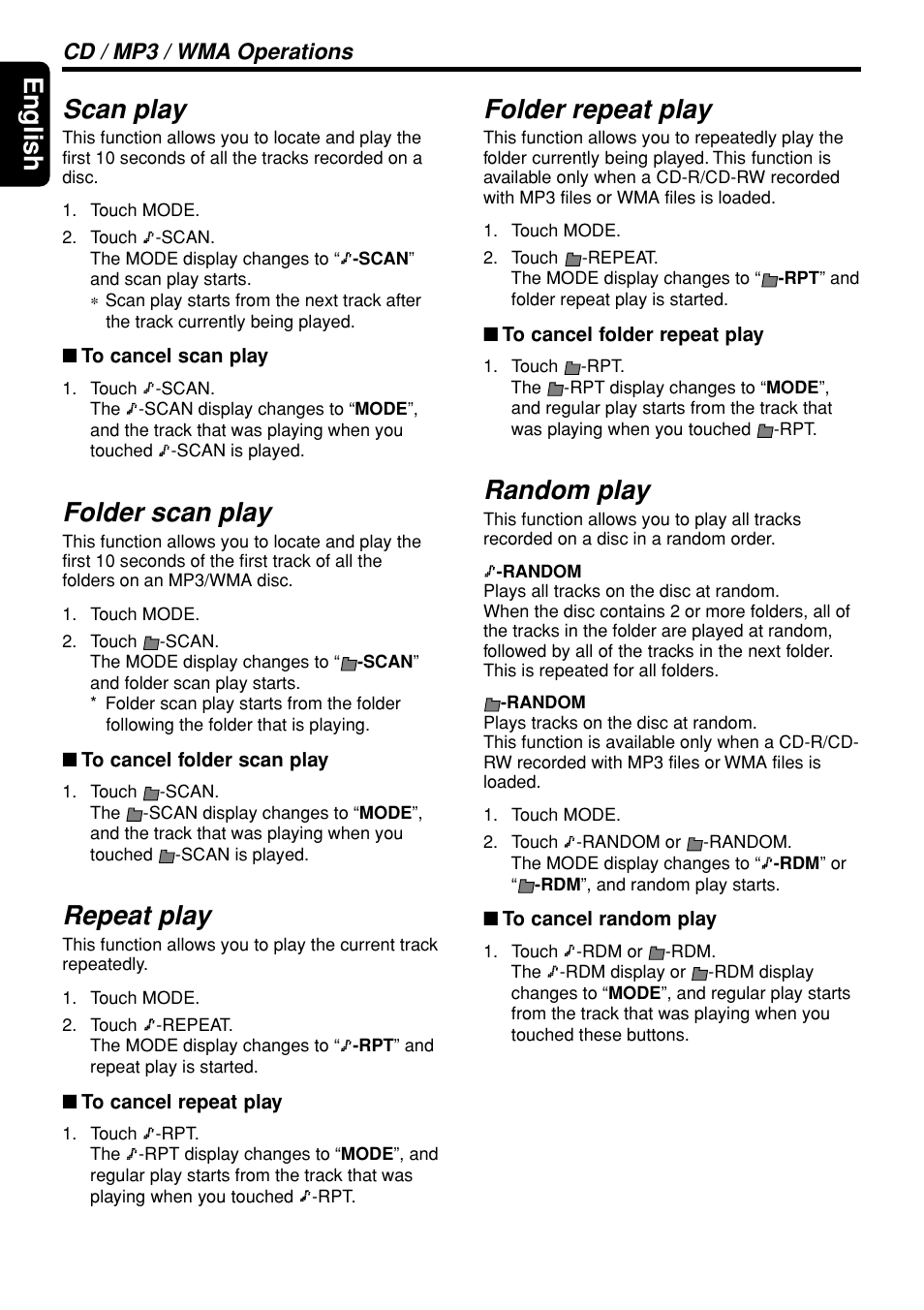 English scan play, Folder scan play, Repeat play | Folder repeat play, Random play, Cd / mp3 / wma operations | Clarion DXZ945MP User Manual | Page 30 / 59