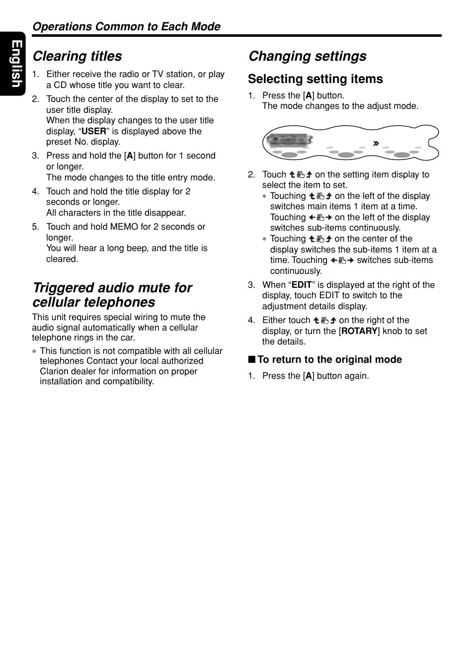 English clearing titles, Triggered audio mute for cellular telephones, Changing settings | Selecting setting items, Operations common to each mode | Clarion DXZ945MP User Manual | Page 34 / 59