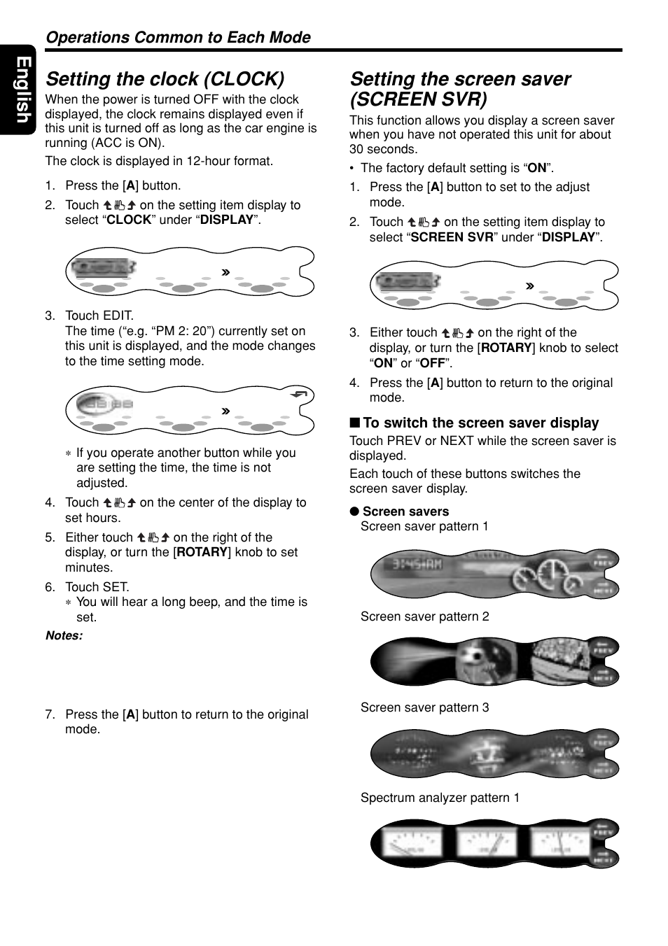 English, Setting the clock (clock), Setting the screen saver (screen svr) | Operations common to each mode | Clarion DXZ945MP User Manual | Page 36 / 59