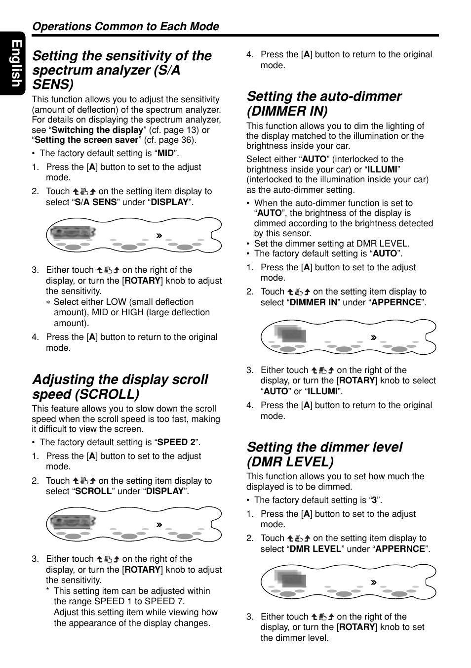 Adjusting the display scroll speed (scroll), Setting the auto-dimmer (dimmer in), Setting the dimmer level (dmr level) | Operations common to each mode | Clarion DXZ945MP User Manual | Page 38 / 59