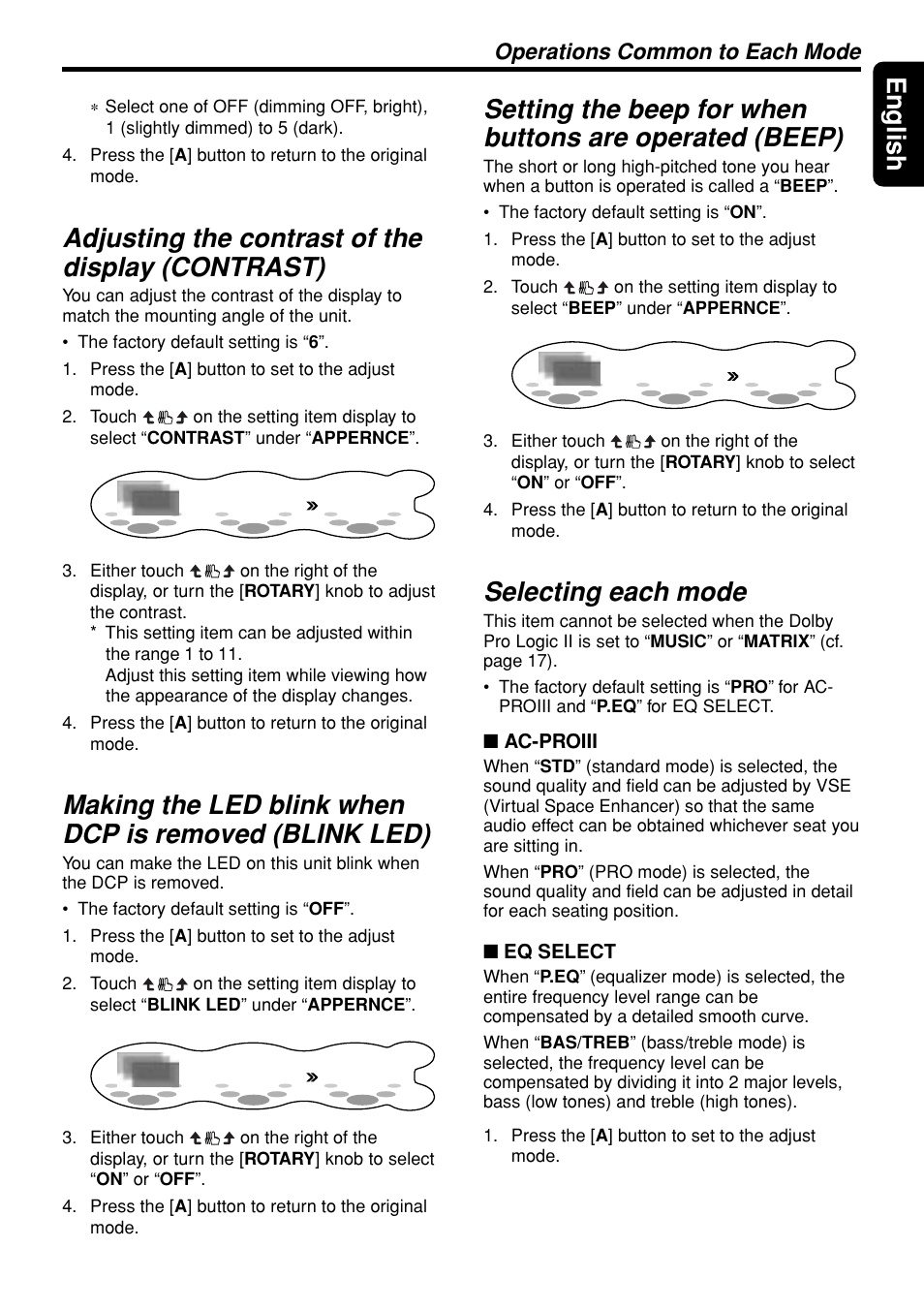 39 english, Adjusting the contrast of the display (contrast), Selecting each mode | Operations common to each mode | Clarion DXZ945MP User Manual | Page 39 / 59