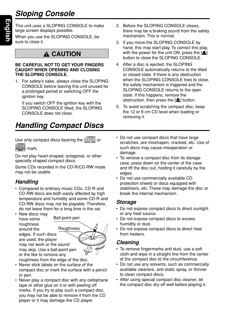 Sloping console, Handling compact discs, English | Caution, Handling, Storage, Cleaning | Clarion DXZ945MP User Manual | Page 4 / 59